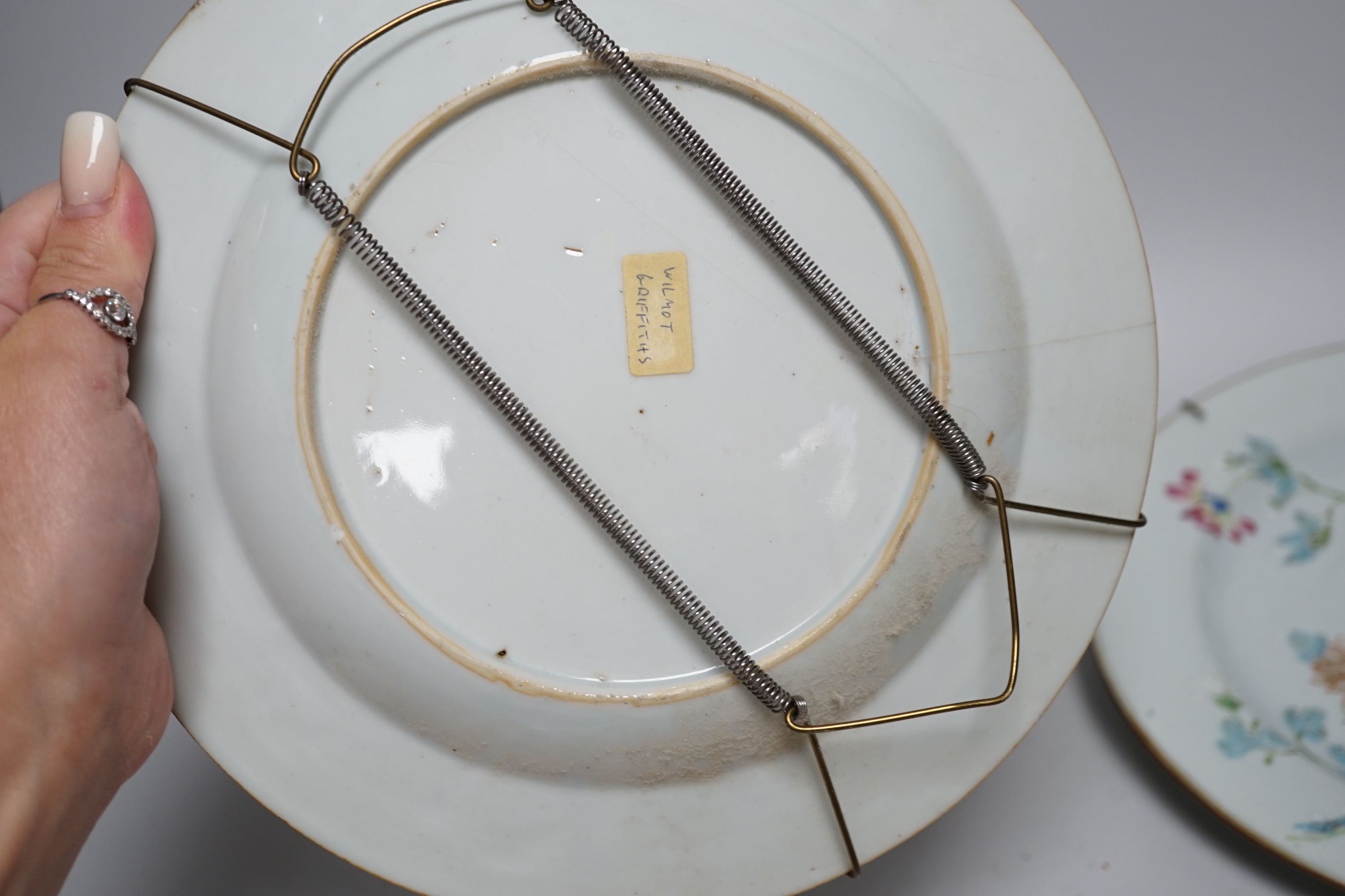 Three 18th Chinese export porcelain plates, 23cm and another plate U